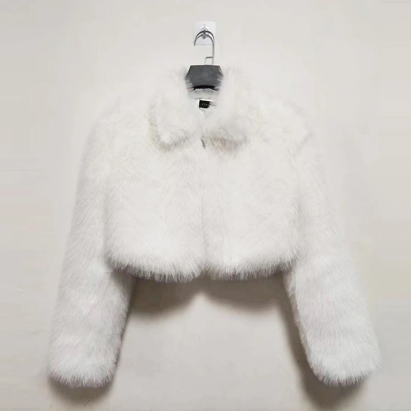Winter Warm Short Cut Faux Fur Coats Women Long Sleeves Turn Down Collar Sweet Girls Pink Faux Fur Coat