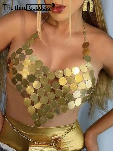 Sexy see through halter Metal sequin crop top women 2024 summer