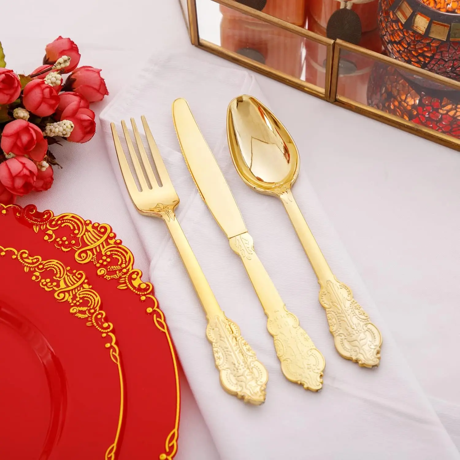 175PCS Red Plastic Plates,Red Disposable Plates With Gold Rim,Red and Gold Plastic Dinnerware Set Includes: 50 Plates NEW USA