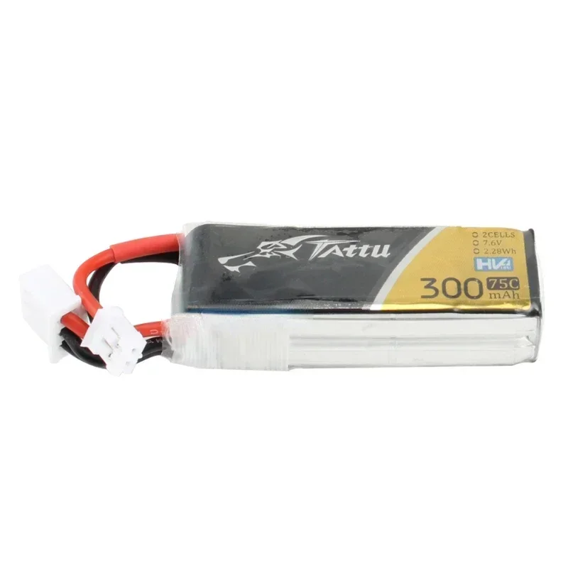 Batterie Lipo Tattu 300mAh 7.6V 75C 2S1P JST-PHR vue de profil, connecteur en évidence.
