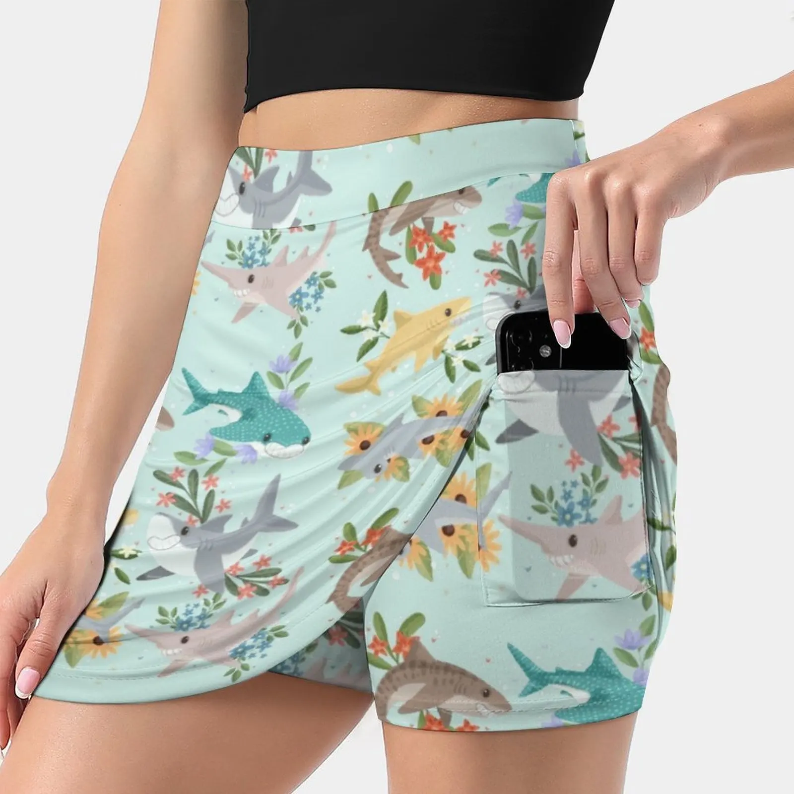 

Floral Sharks Women's skirt With Pocket Vintage Skirt Printing A Line Skirts Summer Clothes Shark Flower Blue Cute Great White