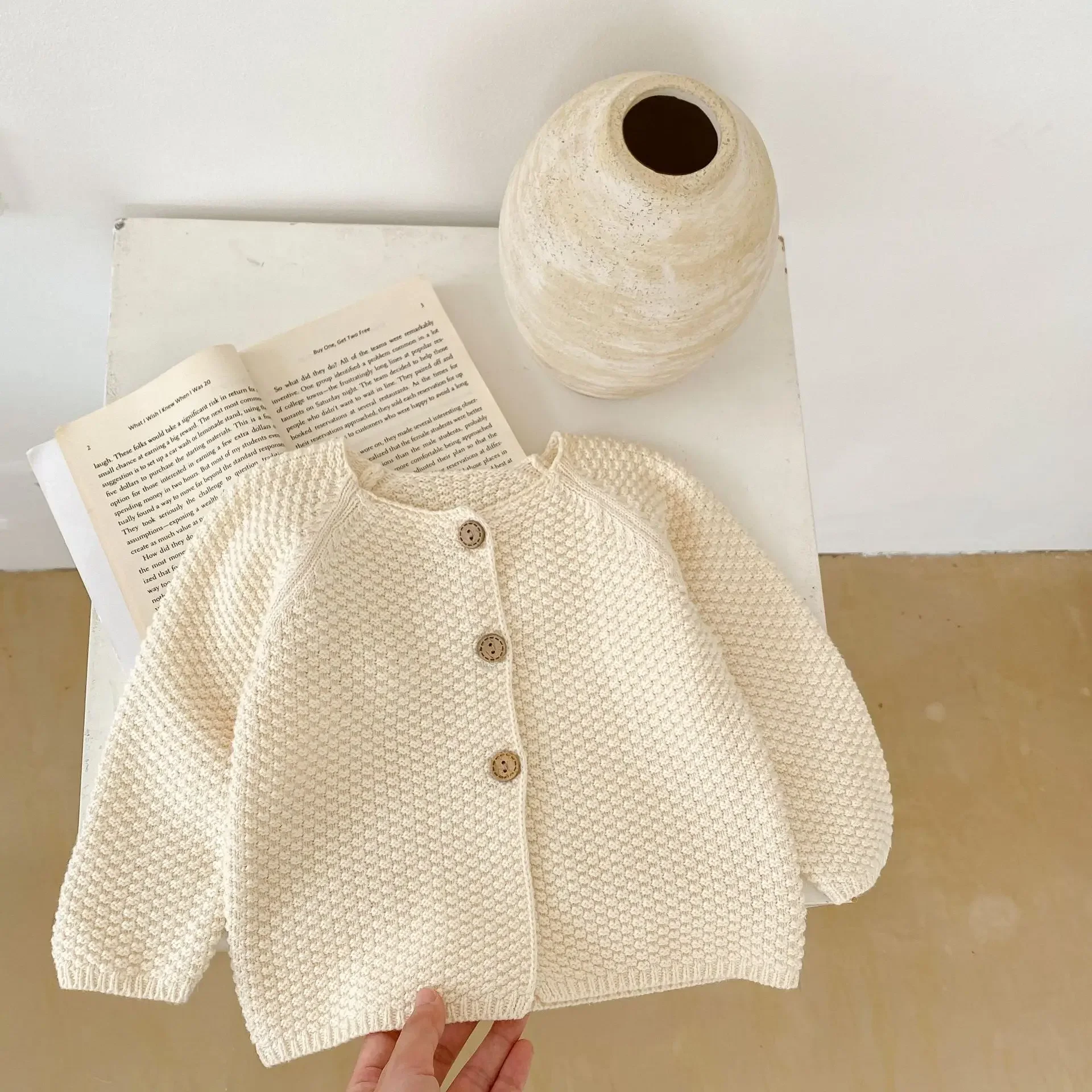 4465C Baby Sweater Coat Spring New Corn Round Neck Knitted Sweater Solid Color Boy's Cardigan Coat Girl