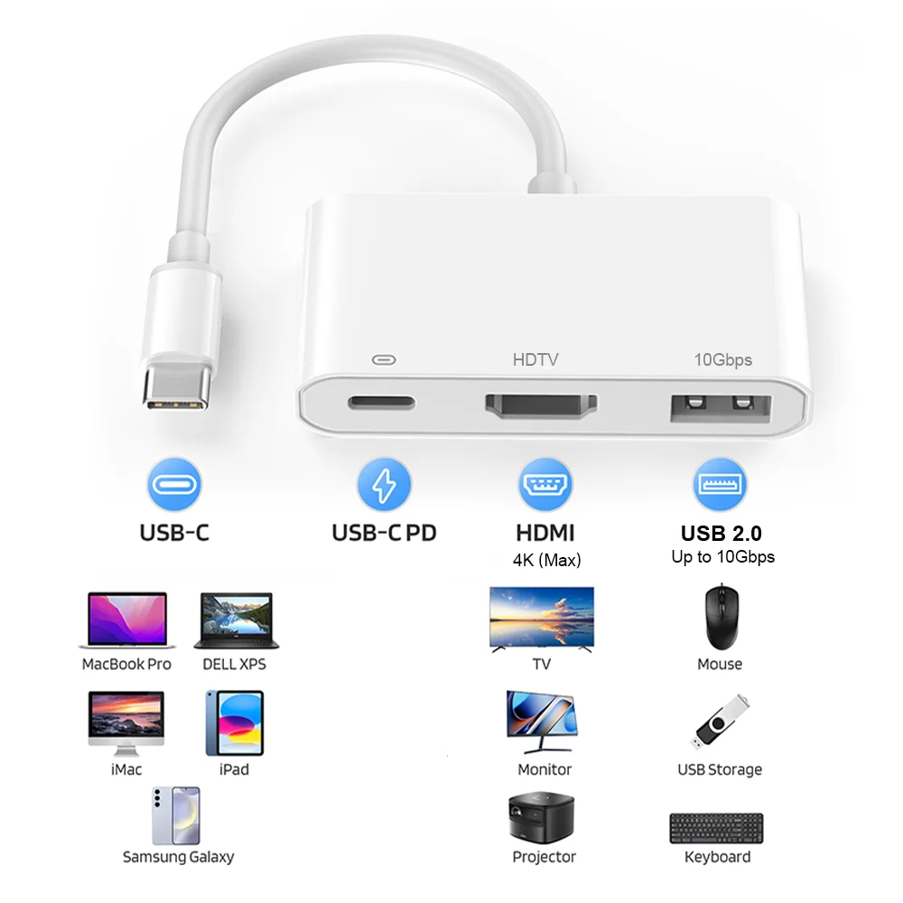 3-in-1 USB C to HDMI 어댑터 (충전 포트 포함), USB-A OTG 10Gbps 타입 C 디지털 AV 4K 컨버터 (아이폰 17, 16, 갤럭시 S25 호환)