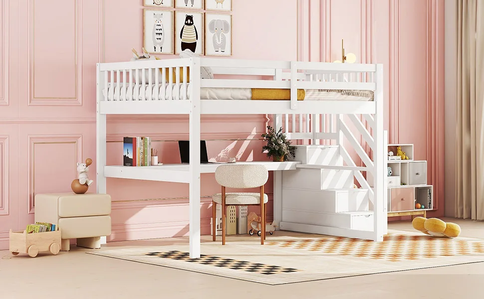 Hochbett, 140x200, Kinderhochbett, mit Aufbewahrungsschubladen und Schreibtisch unter dem Bett, weiß – Detail 15