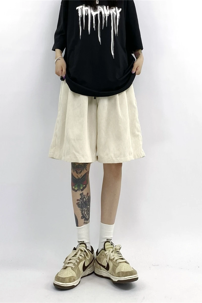 Boy Men Corduroy Straight Shorts Couple Lovers Streetwear Hip Hop Shorts Knee Length Loose Dance Party Club Summer Short Pants