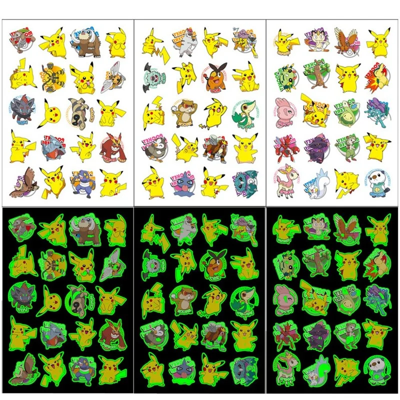 6pcs Not Repeating Luminous Pokemon Pikachu Tattoo Stickers Toys
