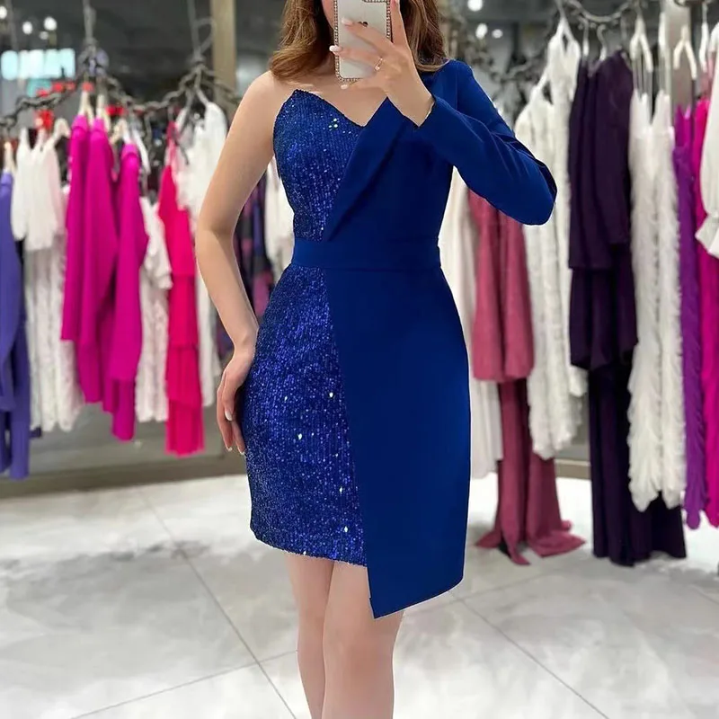 

Chic Fashion Glitter Sequins Bright Evening Dress Women Spring One-shoulder Irregular Dress Autumn Long Sleeve Boho Mini Dresses