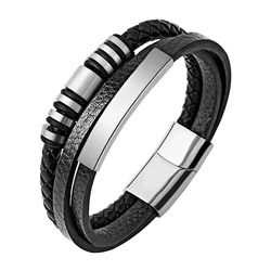 Stainless Steel & Leather Multilayer Men's Bracelet - Stylish Gift - 18.5cm (Silver - L)