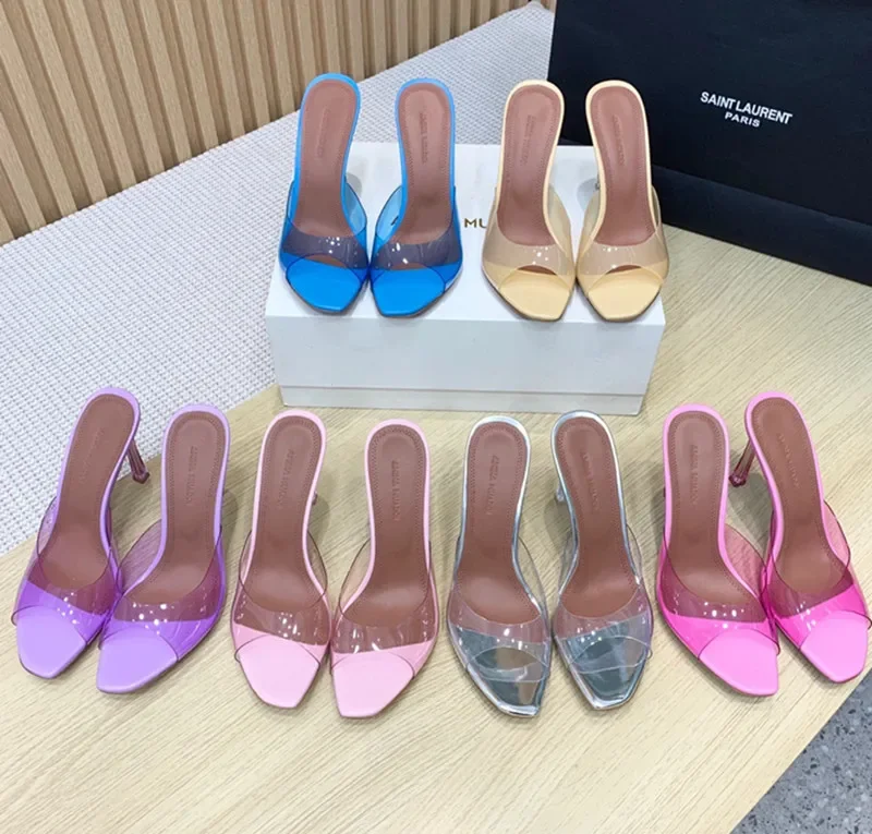 

Amina Muaddi transparent high heels fish mouth sexy fashion daily slippers genuine leather versatile women's sandals