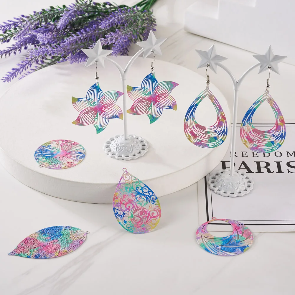 32Pcs Colorful Filigree Big Pendants Spray Painted Metal Teardrop  Leaf Flower Shape Charms for Earrings Necklace Diy Findings