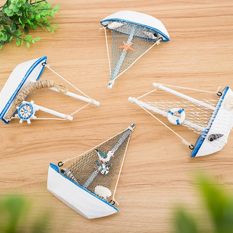 1 pz mini stile mediterraneo marino nautico in legno blu barca a vela nave artigianato in legno ornamenti sala festa decorazione della casa - immagine 2