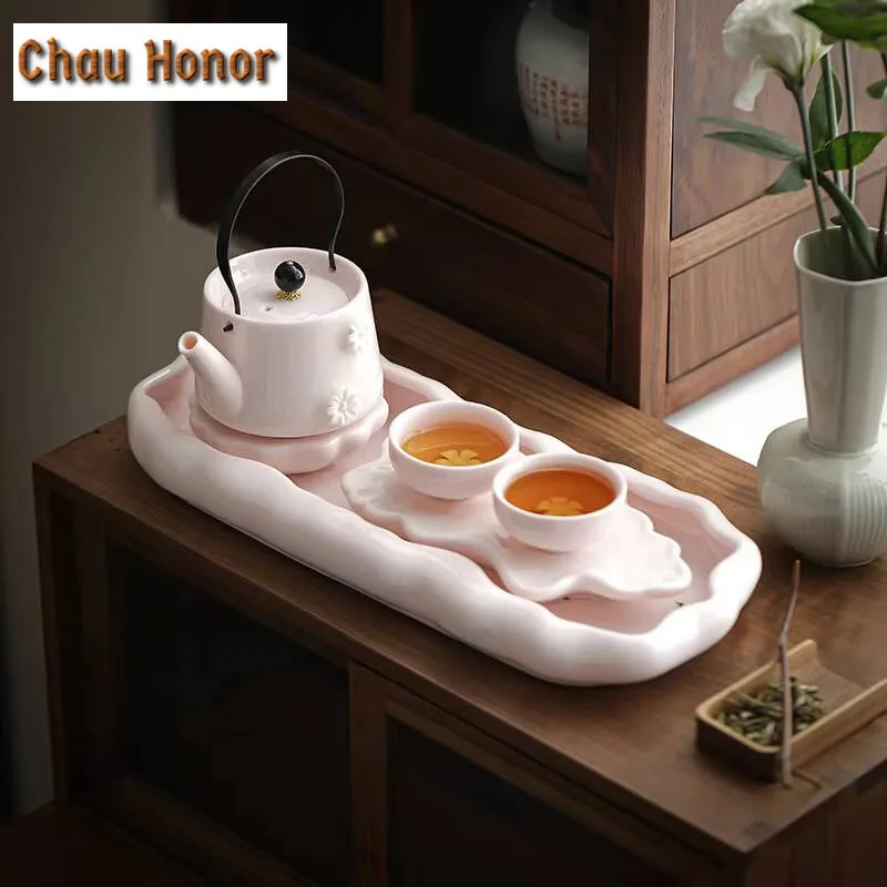 Japanese Style Pink Jade Porcelain Dry Bubble Table Tea Tray Household Small Tray  Kung Fu Teaset Water Storage Accessories Gift