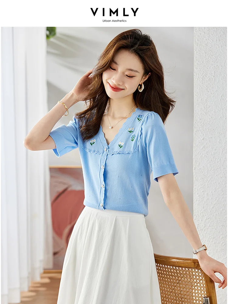 

Vimly Floral Embroidery Summer Cardigan for Women 2023 V-neck Short Sleeve Single Breasted Office Lady Female Knitted Tops 71718