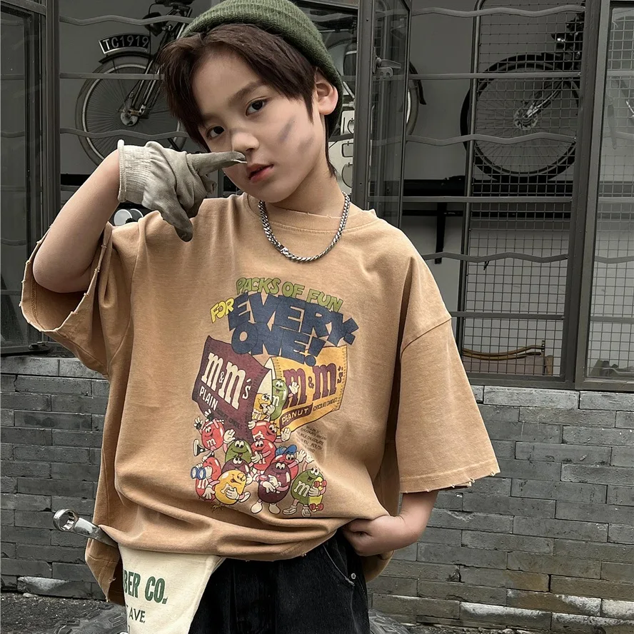 

2024 Childrens baby boys T shirt Summer M-Bean Snowflake Stir Fried Color Burnt Short sleeved tops American style kids clothing