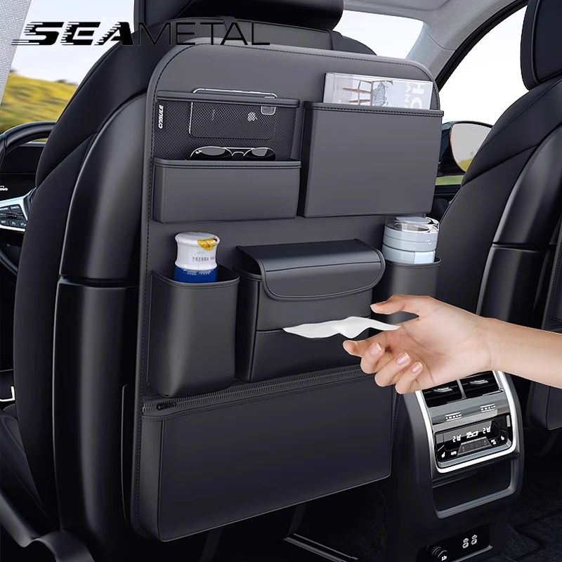 SEAMETAL 7 포켓 카시트 뒷면 보관 가방, PU 가죽 올인원 걸이식 정리함 컵, 거치대 티슈 거치대, 킥 방지 패드
