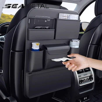 SEAMETAL 7 포켓 카시트 뒷면 보관 가방, PU 가죽 올인원 걸이식 정리함 컵, 거치대 티슈 거치대, 킥 방지 패드