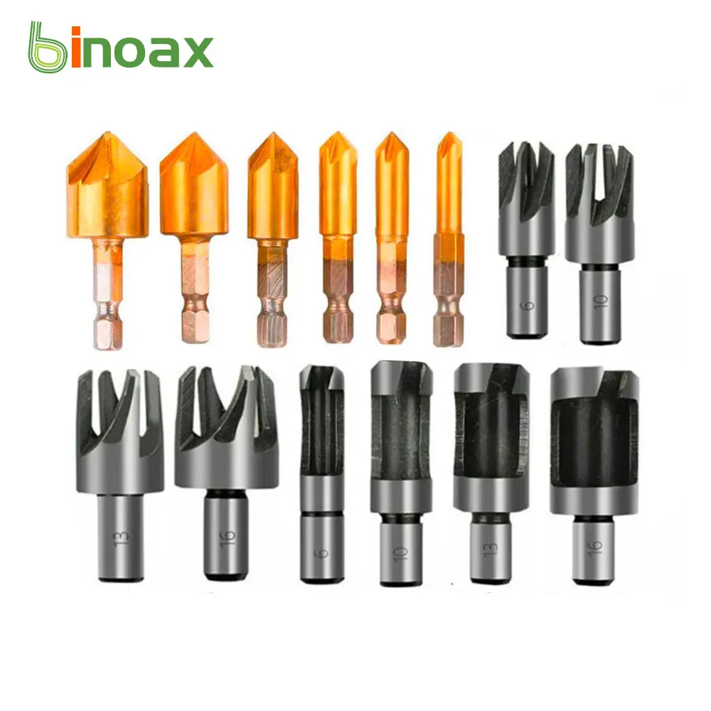 Binoax 4/6/14 Pcs Wood Plug Cutter Tool Drill Bits Set and 5-Flute Countersink Drill Bit