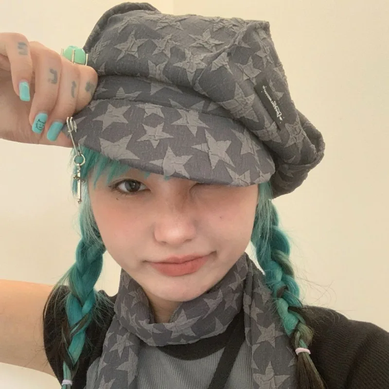 

Japanese Y2k Star Big Head Circumference Denim Beret Women's Spring and Autumn Retro Cloud Hat Versatile Fashion Octagonal Hats
