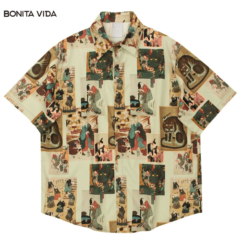 

Hawaiian Shirts Men Streetwear Summer Vintage Japanese Kanji Painting Poster Print Button Down Short Sleeve Beach Shirt