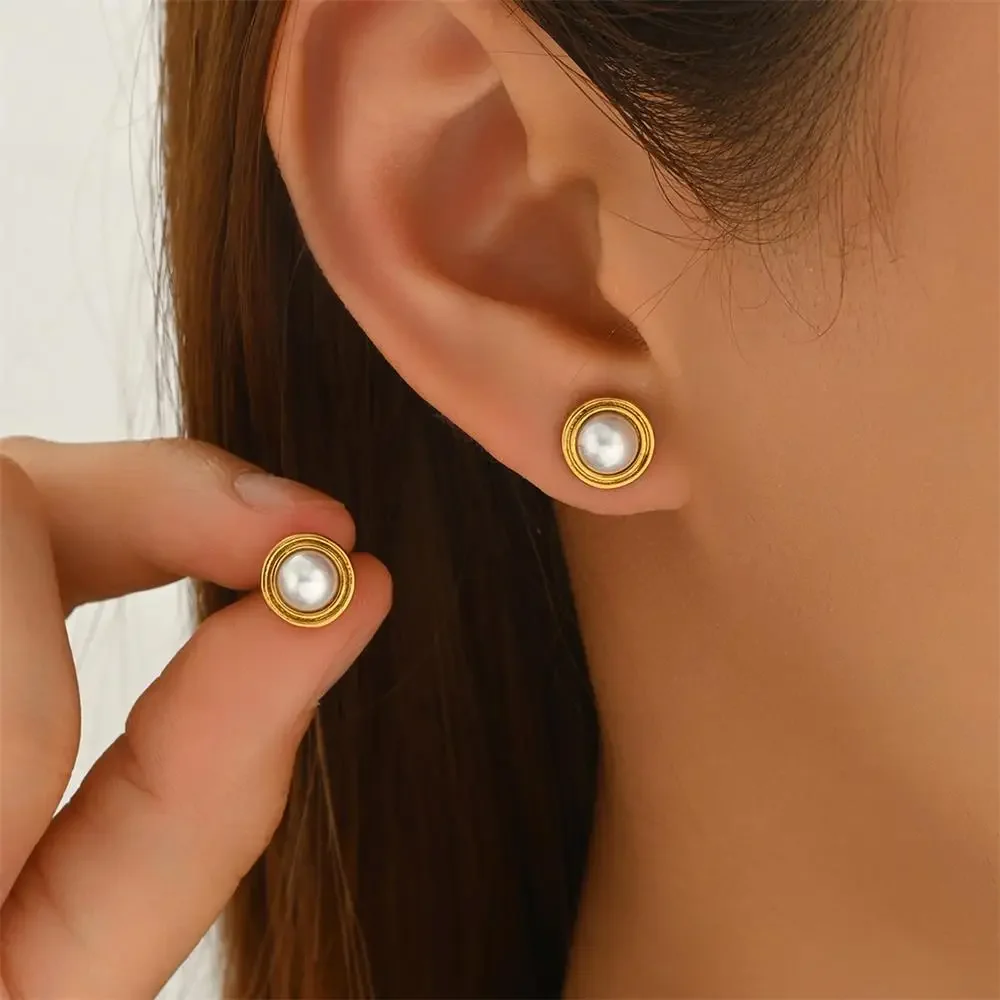 Stainless Steel Chunky Tiny Circle Ear Studs Versatile Daily Mini Imitation Pearl Stud Earrings Statement Jewelry Party Gifts