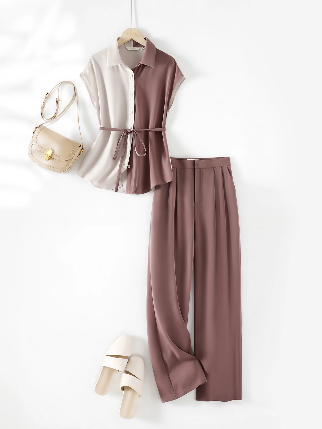 2024 Summer Women's Elegant and Intellectual Suit Spell Colour Waisted Shirt Straight Casual Trousers Two Piece Set Office Suit