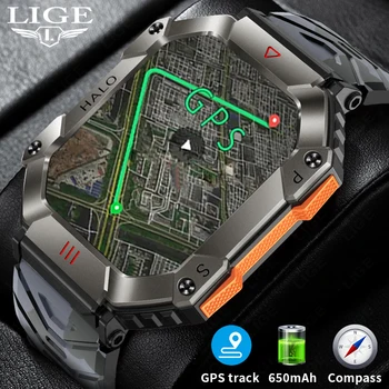 LIGE 남성용 스마트 워치 팔찌, GPS 야외 스포츠 트래커, 나침반 시계, 블루투스 통화 스마트 시계, 650mA, 신제품