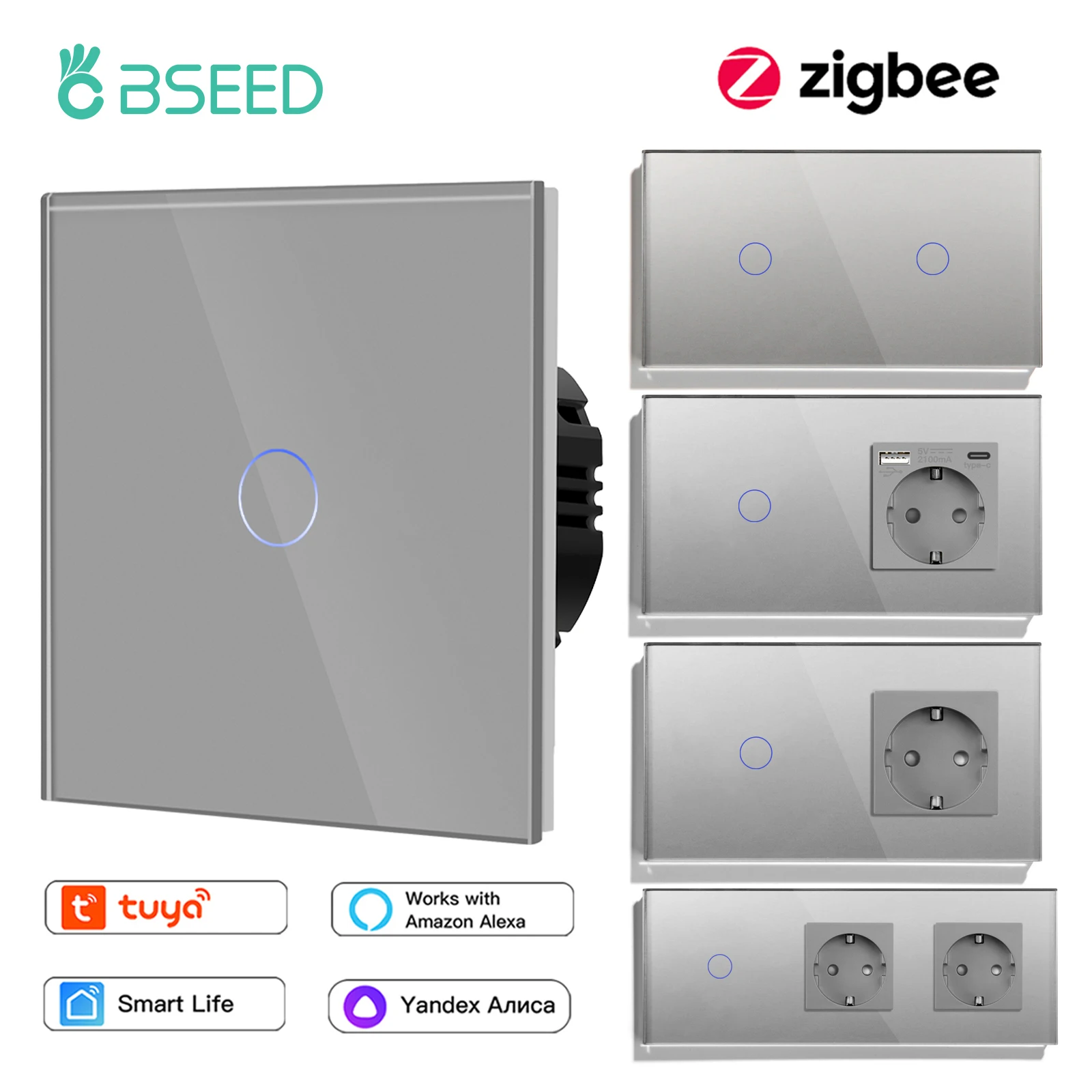 Bseed-zigbee Toque Interruptor de Luz Interruptores de Sensor ue Tipo-c Tomadas Usb Tuya Smart Life Controle Alexa Gang Gang 3gang Way Maneira 3way