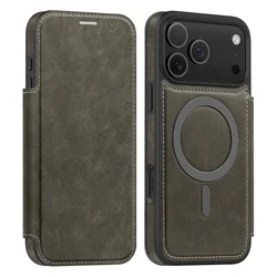 Premium Business Leather Flip Case with Magnetic MagSafe and Built - in Card Slot - iPhone 16 Plus (Gray)