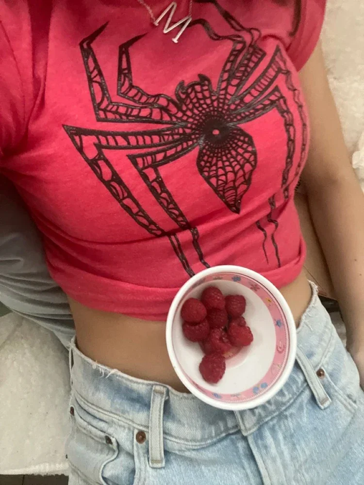 Spider Print Graphic Women Chic Tees Streetwear Vintage Letter Crop Summer Casual Trash Basic Goth Slim Short Sleeve T-Shirt Emo 4