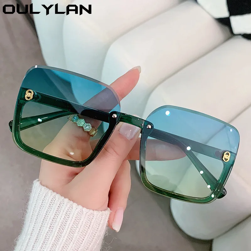 Oulylan 2022 Half Frame Square Sunglasses for Women Trendy Brand Design Gradient Green Sun Glasses Men Shades UV400 Korean Style