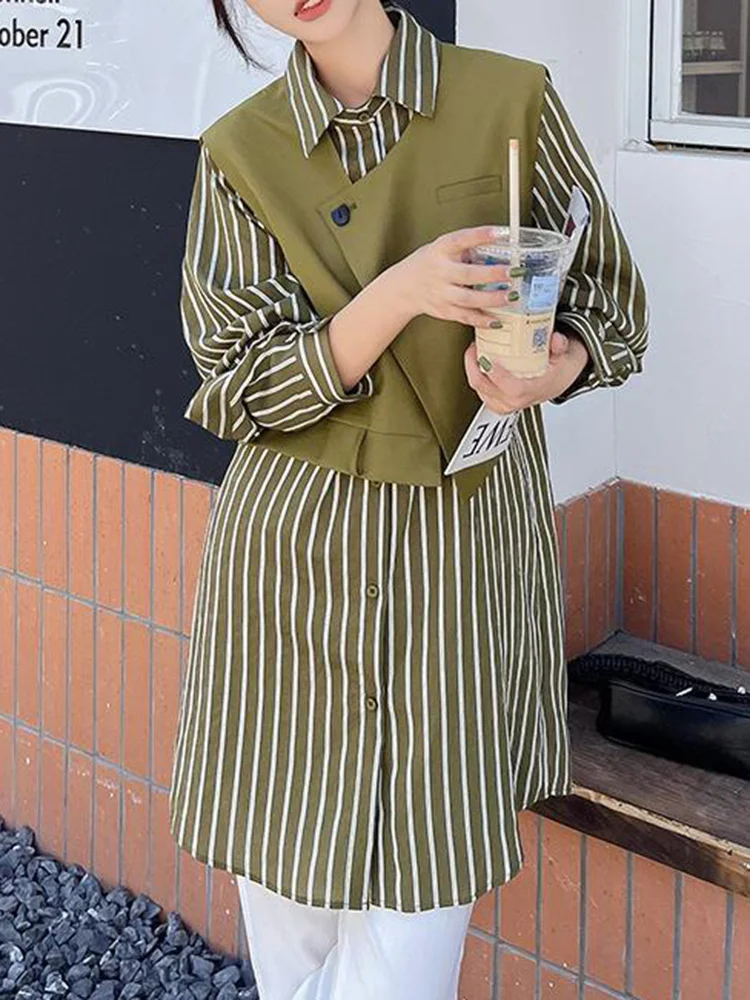 

Women Green Striped Big Size Long Blouse New Lapel Long Sleeve Loose Fit Shirt Fashion Tide Spring Autumn 2022 C303