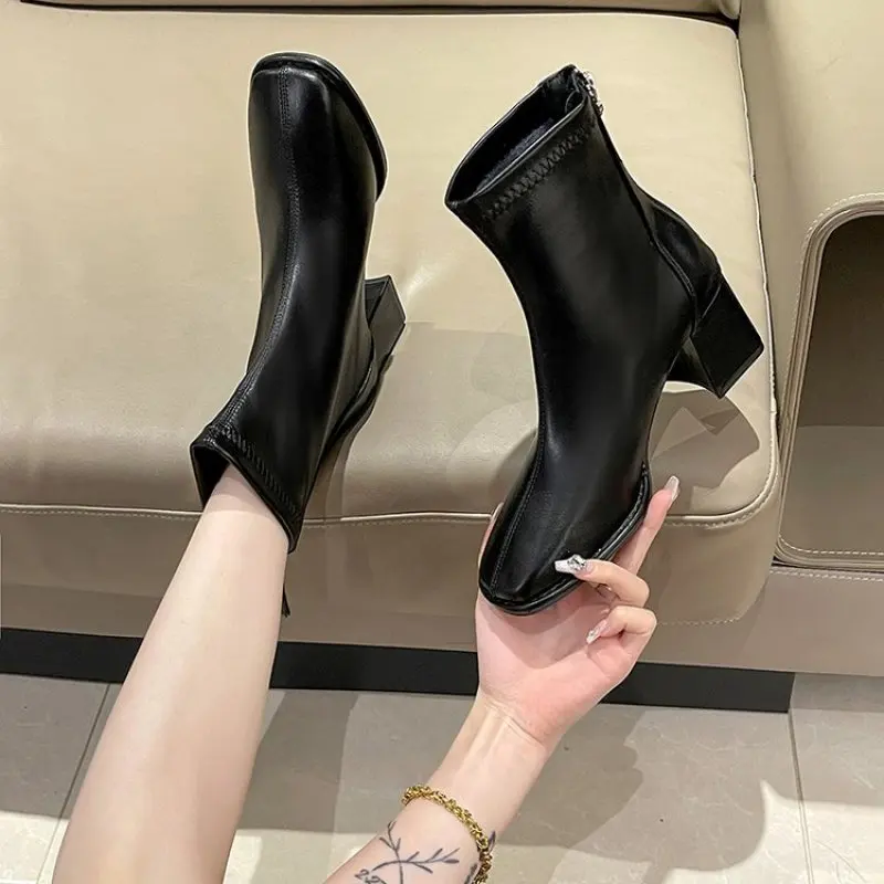 2023 Ankle Boots for Women Square Toe Fashion Shoes Autumn Winter Short Boots Zipper Square Heels Comfortable Lady Casual Shoes