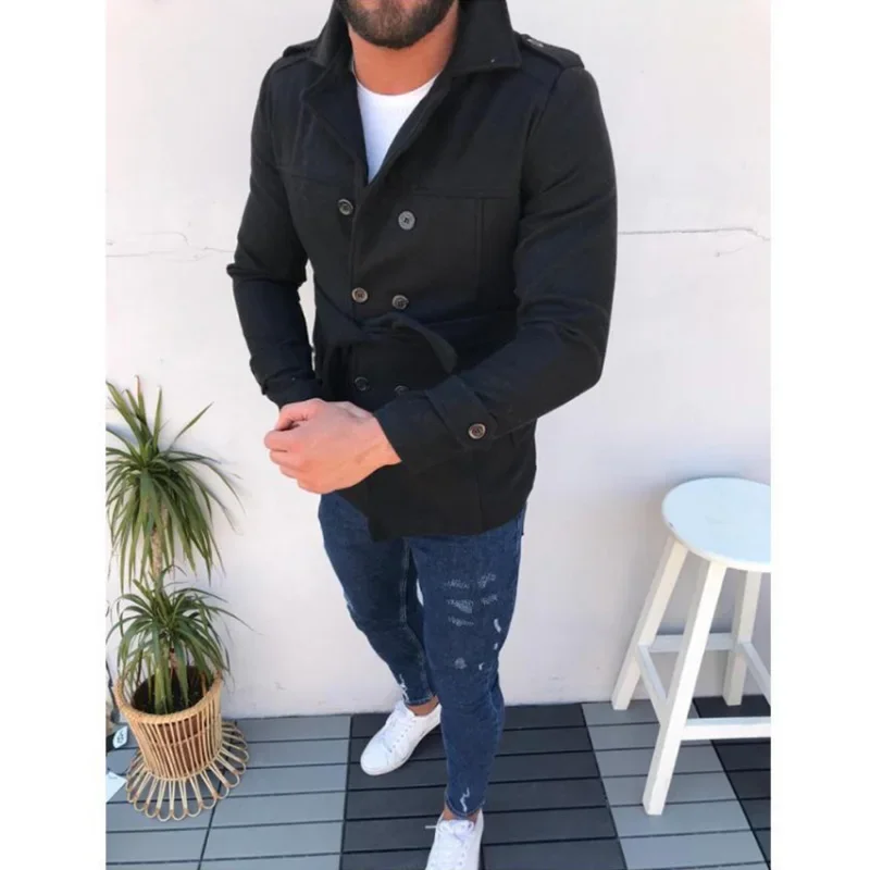 Description Picture 6 of itemMens Coat Belt Long Sleeve Windbreaker Double-breasted Woolen Overcoat Autumn Winter Male Cardigan Jaqueta Masculina