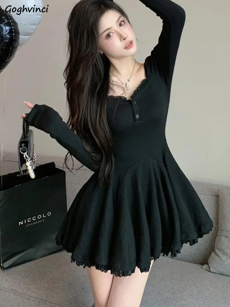 

Long Sleeve Mini Dress Women Lace High Waist Sexy Elegant Solid Ball Gown Hot All-match Korean Style Slim Trendy Females Autumn