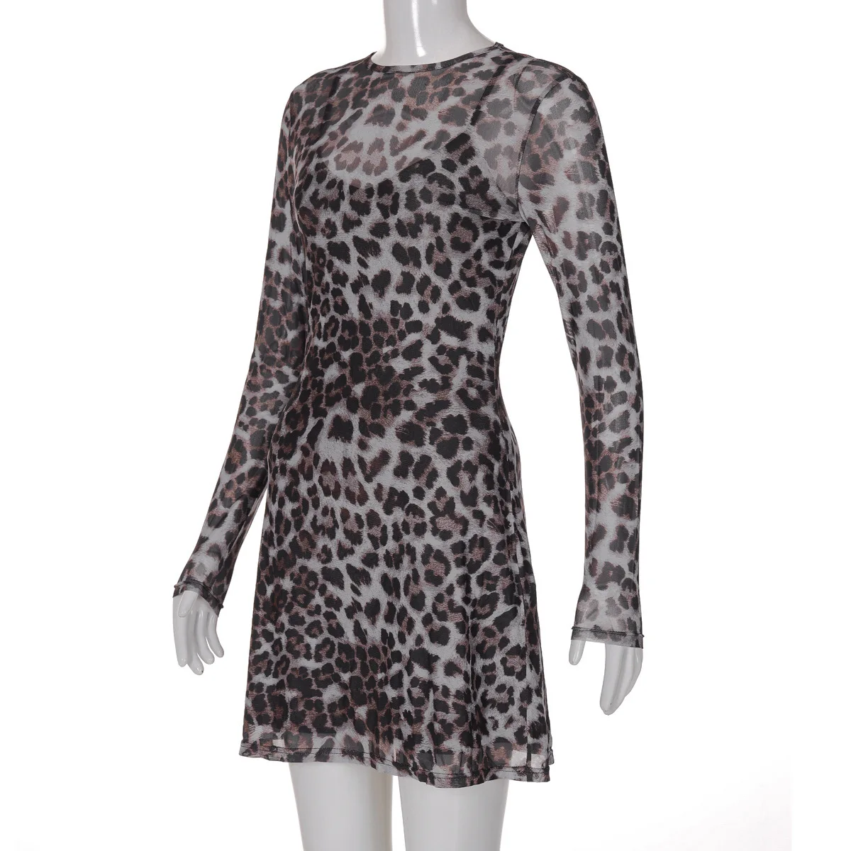 JULISSA MO Conjunto de dos piezas con estampado de leopardo para mujer, vestido sexy transparente de manga larga, vestido femenino de otoño ajustado, elegante, para fiesta y club.