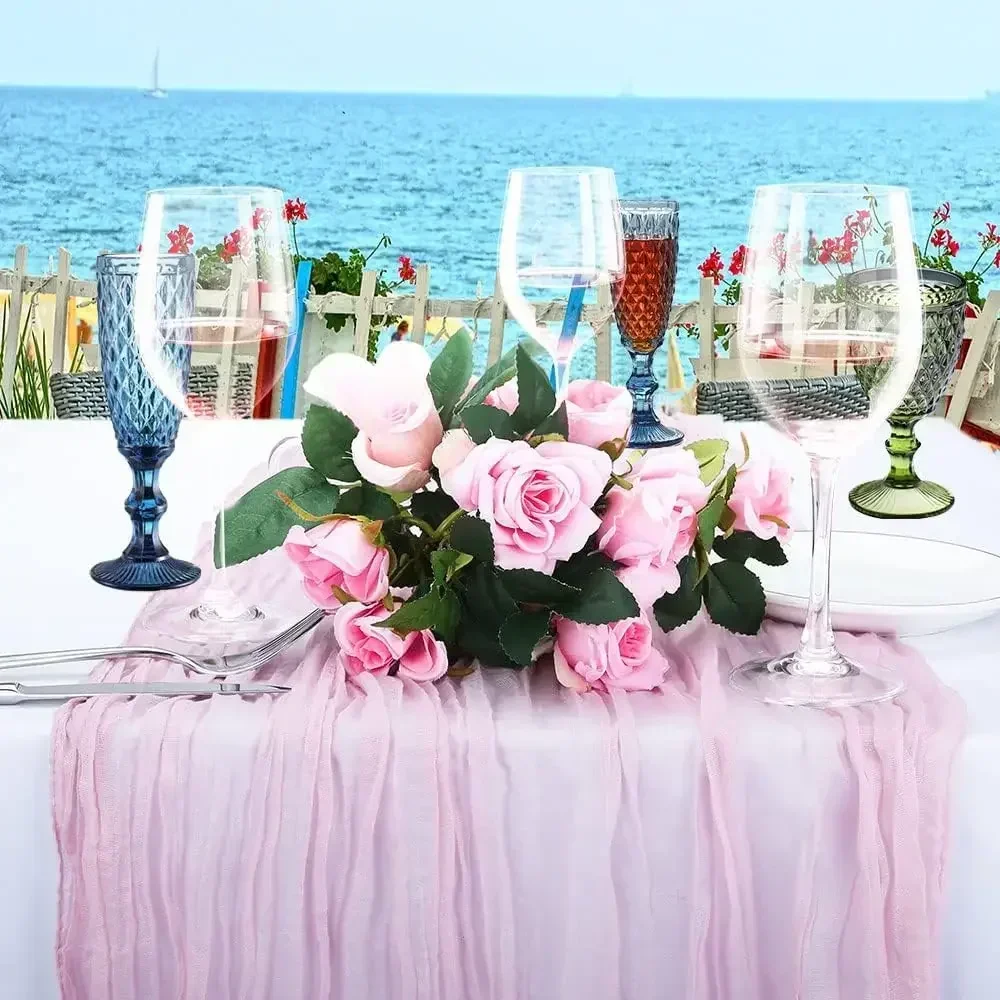 90*180CM Pink Cheesecloth Table Runner Romantic Wedding Dining Table Decoration Pink Tablecloth For Bridal Party Christmas 6