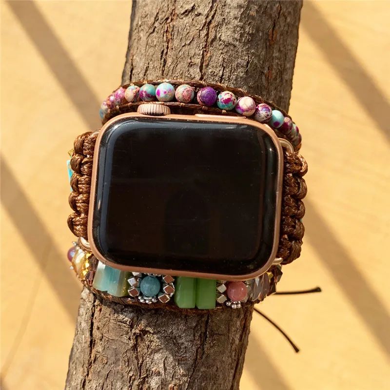 

Ремешок для часов Apple Watch из натурального камня, трехслойный браслет для смарт-часов с бусинами, 44 мм, для мужчин и женщин