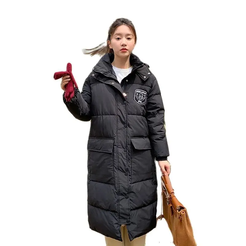 2022 Winter Down Coat Korean Fahion School Girls Overcoat Cotton-padded Knee Length Hooded Black Outwear Women