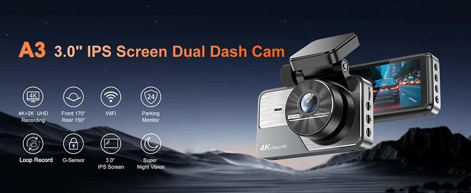 Description Picture 2 of itemWIFI Dash Cam Front and Rear: 4K+2K FHD Dual Dash Camera for Cars, Car Camera 3" IPS Screen, UHD 2160P Night Vision,App Control