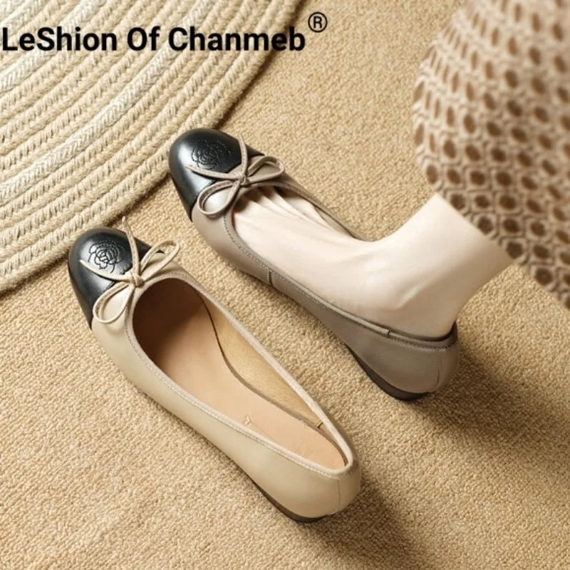 

LeShion Of Chanmeb Women Sheepskin Pumps Nude Bow-tie Low Heel Shallow Pump Bow-knot Slip-on Flower Lovely Woman Shoes Autumn 39