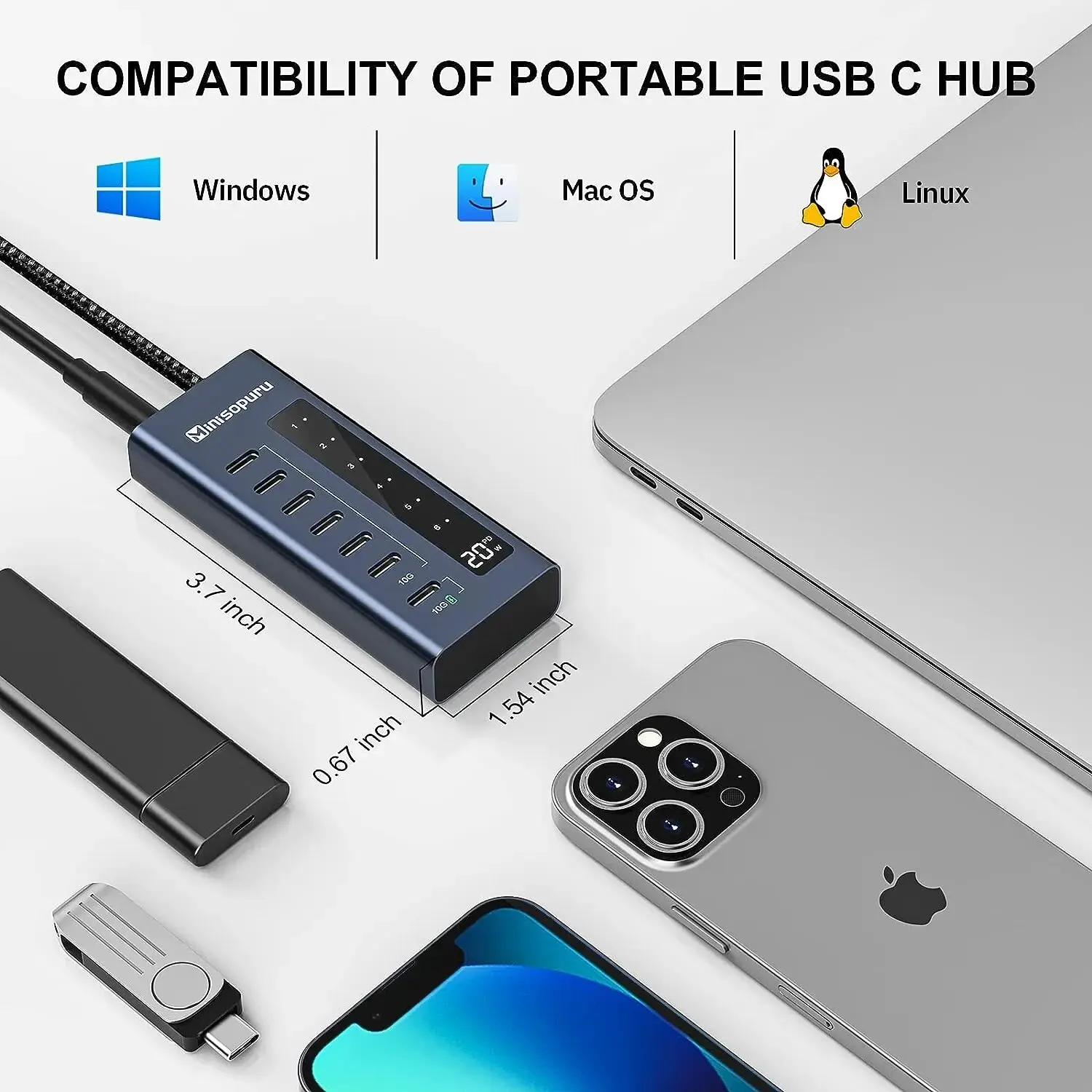 Minisopuru Powered USB C Hub 7 in 1 Type C 3.2 Hub Supports 10Gbps Data Fast Charging Adapter for MacBook Pro Air iMac iPad Hub 5