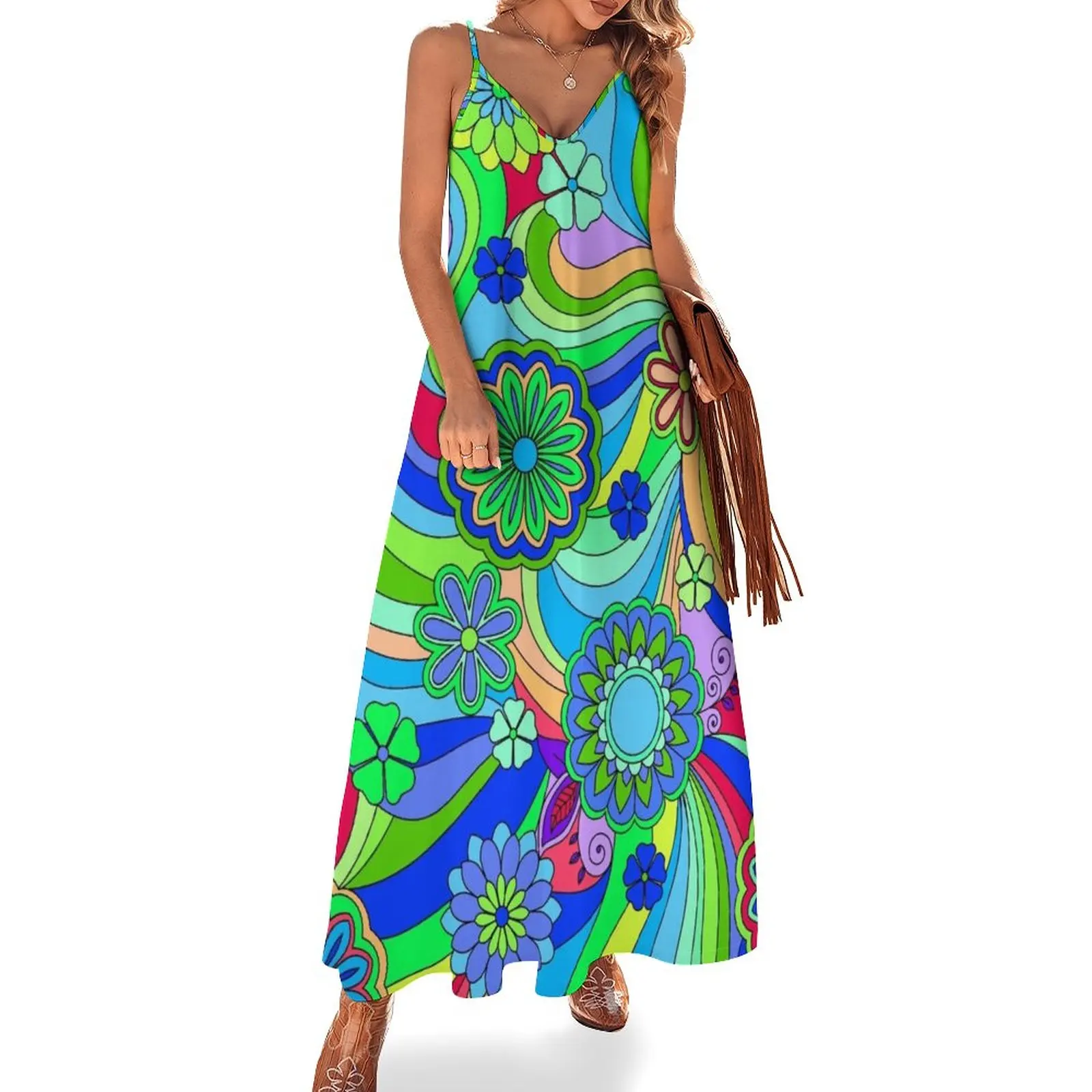 

New Hippy Trippy Flower Power Pattern Sleeveless Dress evening dress ladies