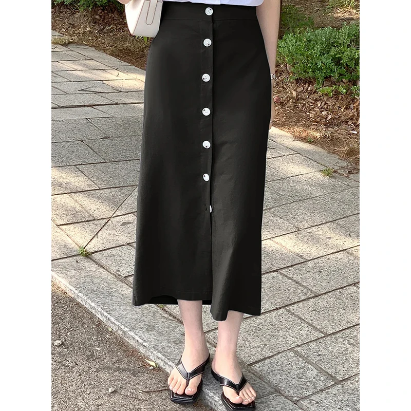 Women's Cotton Linen Skirt High Waist Elastic Single-Breasted Long