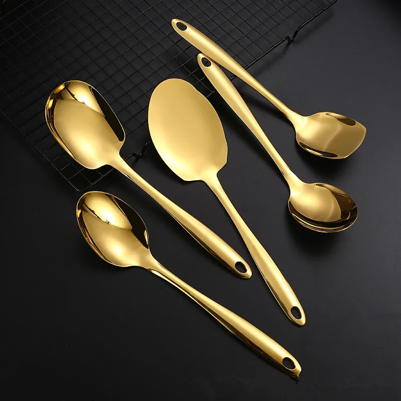 Gold Stainless Steel Kitchen Cooking Utensils Sets Frying Spatula Soup Spoon Long Handle Gadget Kitchen Accessories