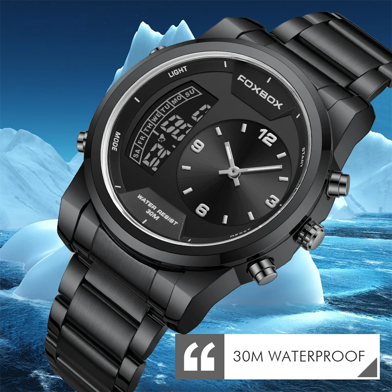 Top Luxury Brand FOXBOX Sport Men Watches Quartz Chronograph Analog clock Stainless steel Waterproof Military WristWatch For Man
