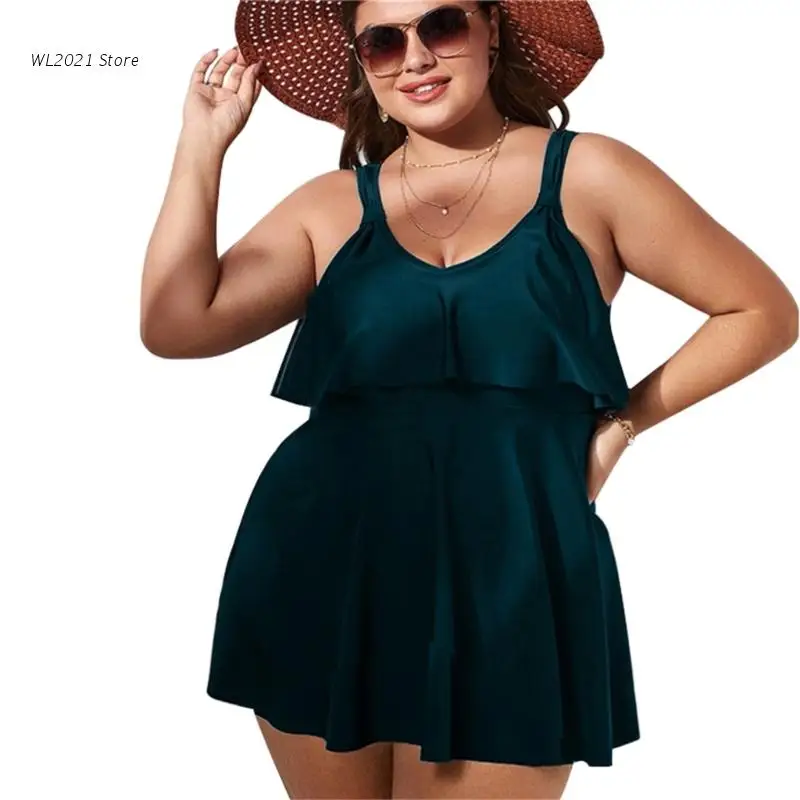 

Женский однотонный купальник-танкини большого размера, купальник из 2 предметов с широкими лямками и оборками