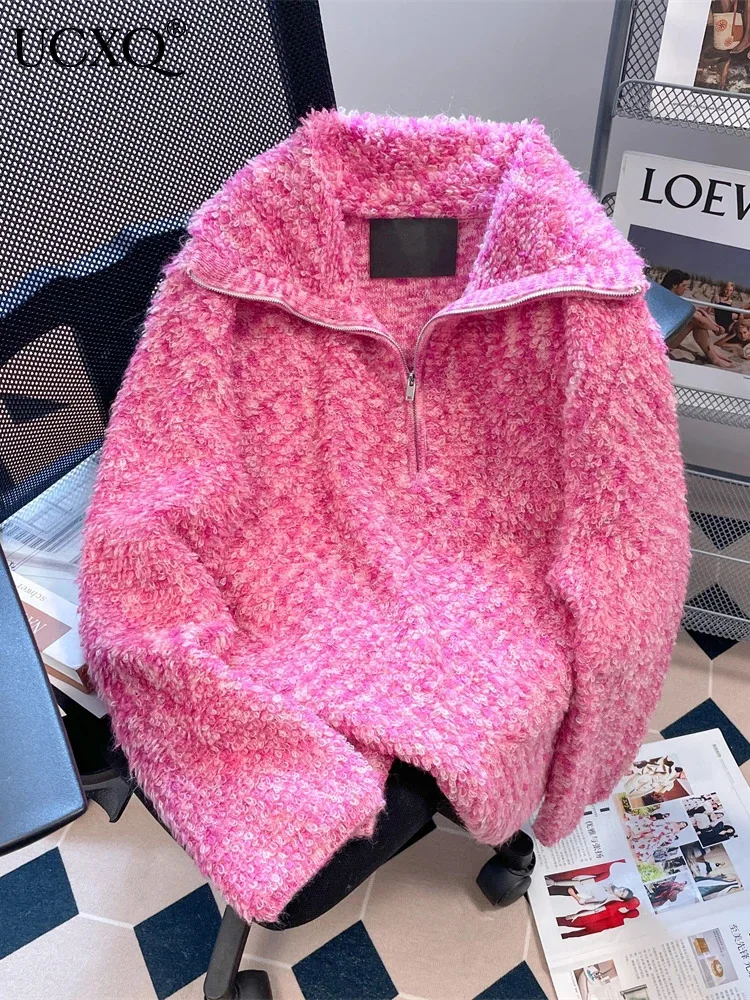 

UCXQ Lapel Zipper Decoration Sweater Women Soft Warm Long Sleeve Pink Fashion Pullovers Knit Top 2023 Autumn Winter New 23A5670