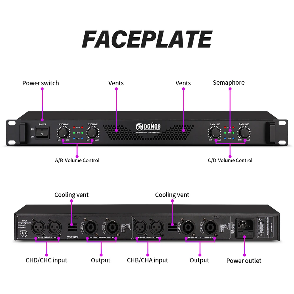 DJ Power Amplifier 4 Channel Lightweight Amplifier 1U 8 Ohm 100W 4 Ohm 200W Suitable for Small Stage Performance Karaoke DGNOG 5