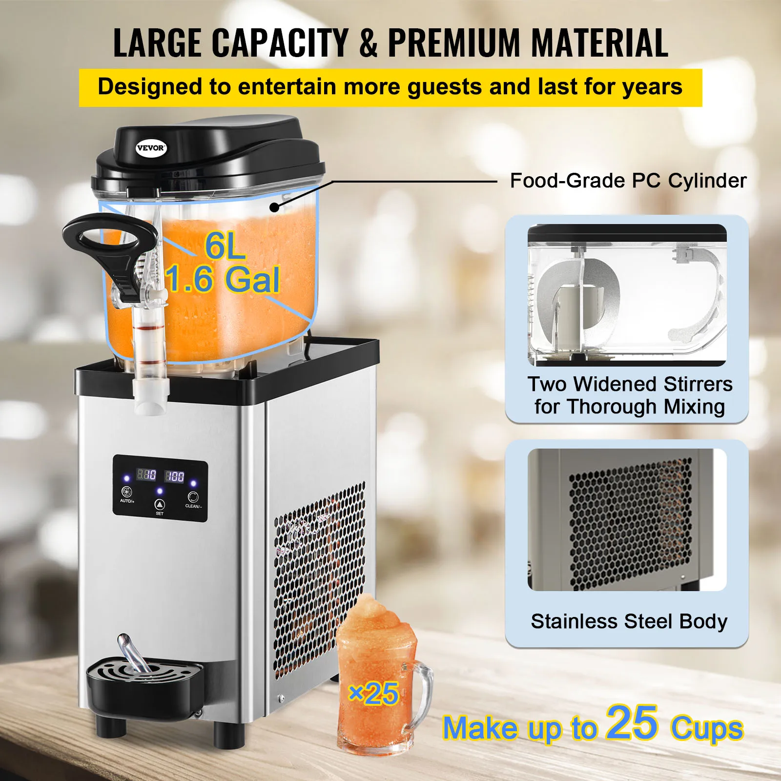 VEVOR Commercial Slushy Machine, 6L 25 Cups Single-Bowl, 300W Stainless Steel Margarita Smoothie Frozen Drink Maker, for Cafes 3
