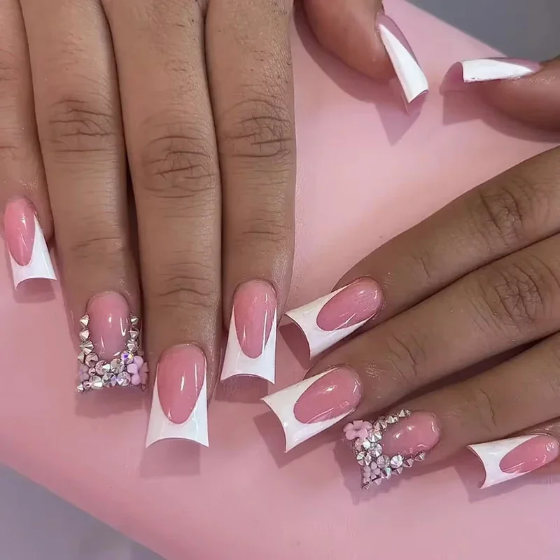 D−CLAW　あいや～　デコペン 24Pcs Duckbill Press on Nails Y2K White French Edge Five